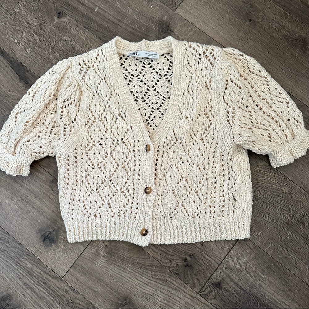 Zara Cream Open-Knit Puff-Sleeve Button Cardigan Cottagecore
